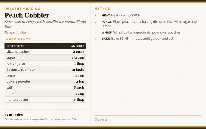 Peach Cobbler recipe card