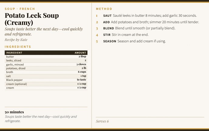 Potato Leek Soup (Creamy) recipe card