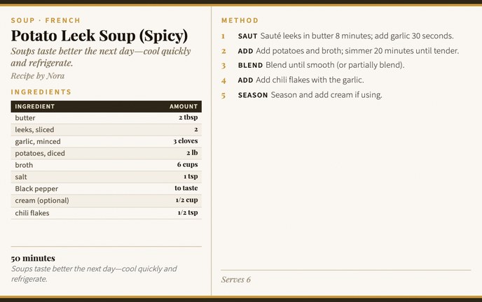 Potato Leek Soup (Spicy) recipe card
