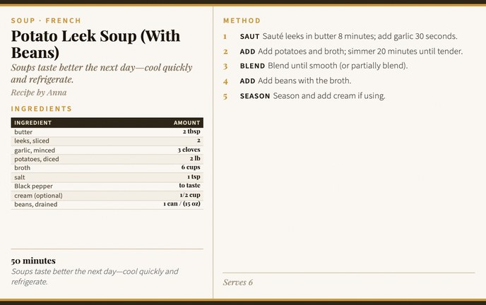 Potato Leek Soup (With Beans) recipe card