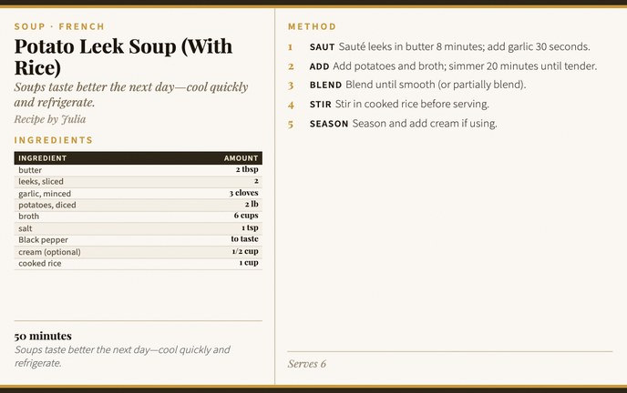Potato Leek Soup (With Rice) recipe card