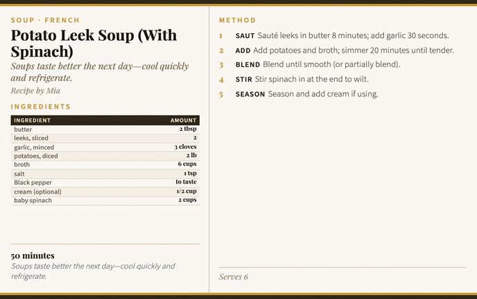 Potato Leek Soup (With Spinach) recipe card