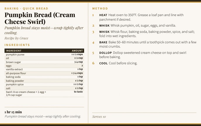 Pumpkin Bread (Cream Cheese Swirl) recipe card