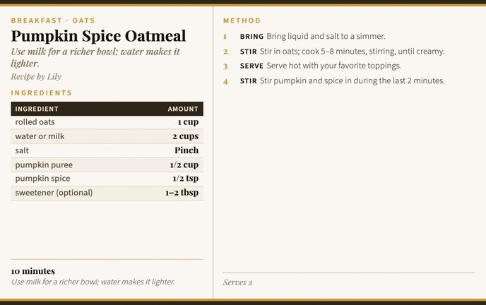 Pumpkin Spice Oatmeal recipe card