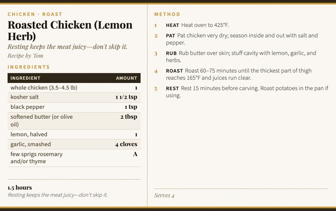 Roasted Chicken (Lemon Herb) recipe card
