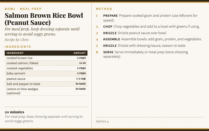 Salmon Brown Rice Bowl (Peanut Sauce) recipe card