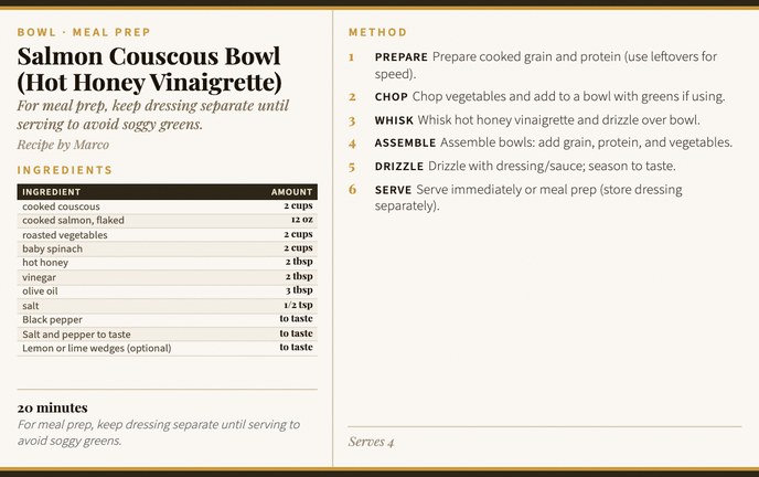 Salmon Couscous Bowl (Hot Honey Vinaigrette) recipe card