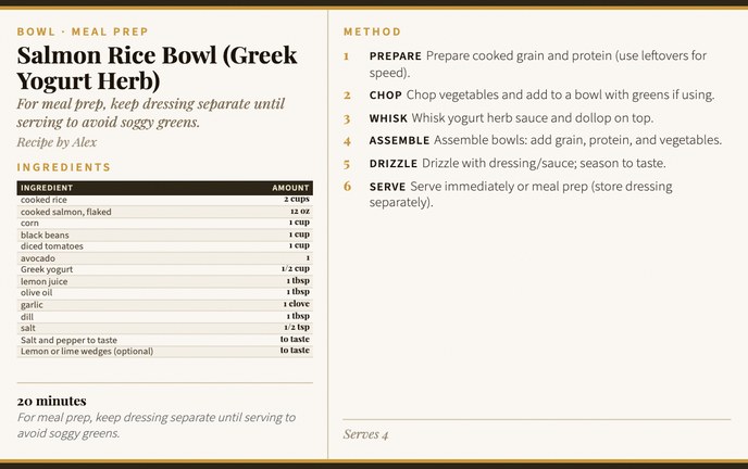 Salmon Rice Bowl (Greek Yogurt Herb) recipe card