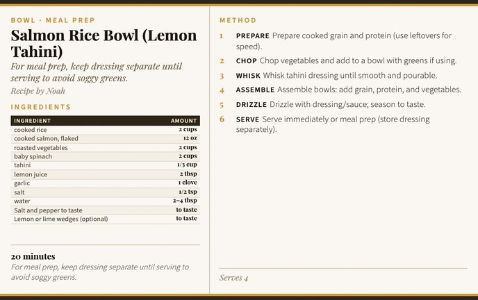 Salmon Rice Bowl (Lemon Tahini) recipe card