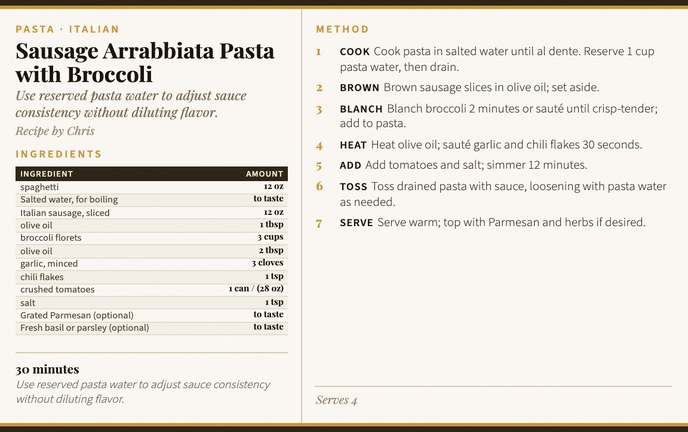 Sausage Arrabbiata Pasta with Broccoli recipe card