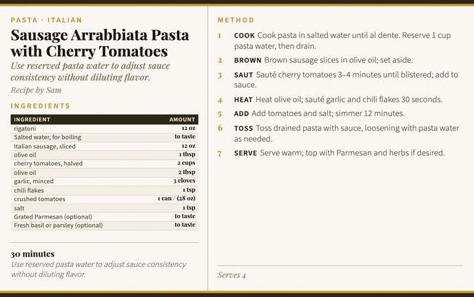 Sausage Arrabbiata Pasta with Cherry Tomatoes recipe card