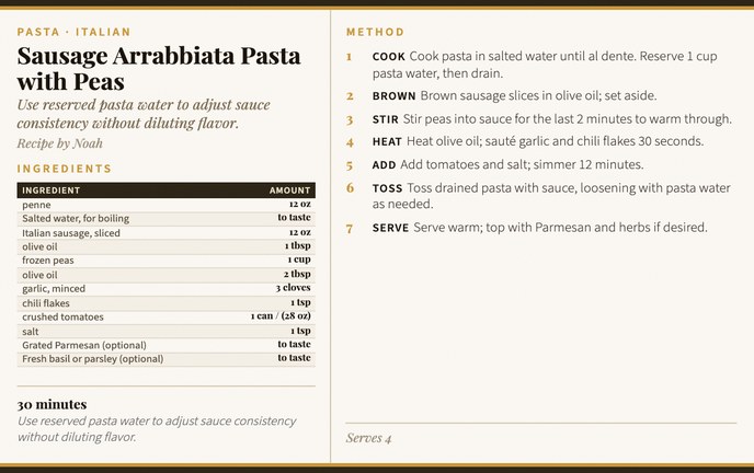 Sausage Arrabbiata Pasta with Peas recipe card