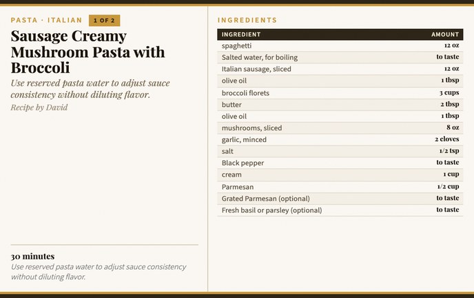 Sausage Creamy Mushroom Pasta with Broccoli recipe card