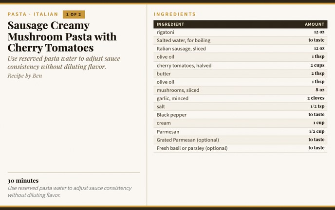 Sausage Creamy Mushroom Pasta with Cherry Tomatoes recipe card