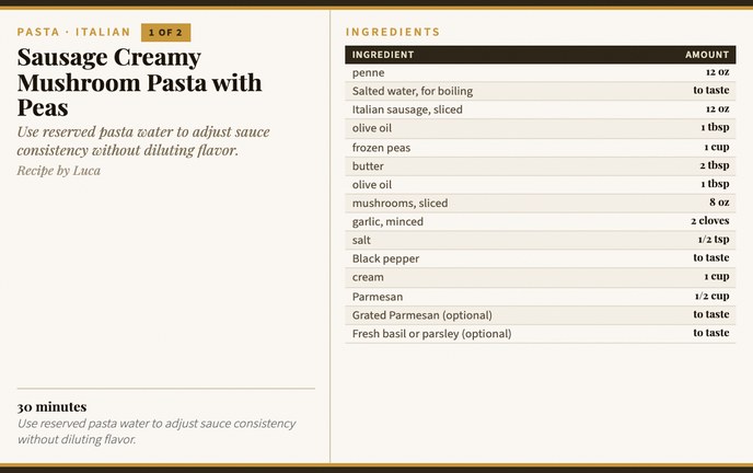 Sausage Creamy Mushroom Pasta with Peas recipe card