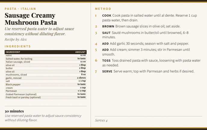 Sausage Creamy Mushroom Pasta recipe card