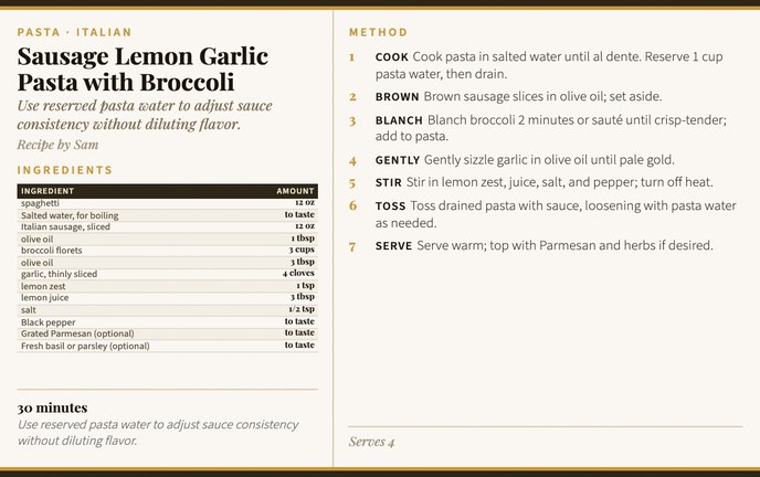 Sausage Lemon Garlic Pasta with Broccoli recipe card