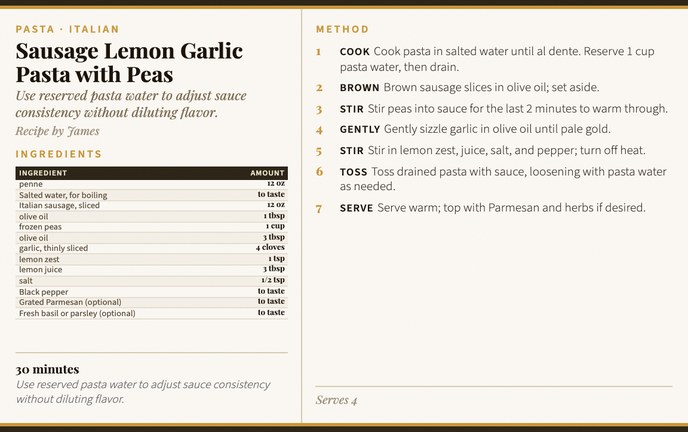 Sausage Lemon Garlic Pasta with Peas recipe card