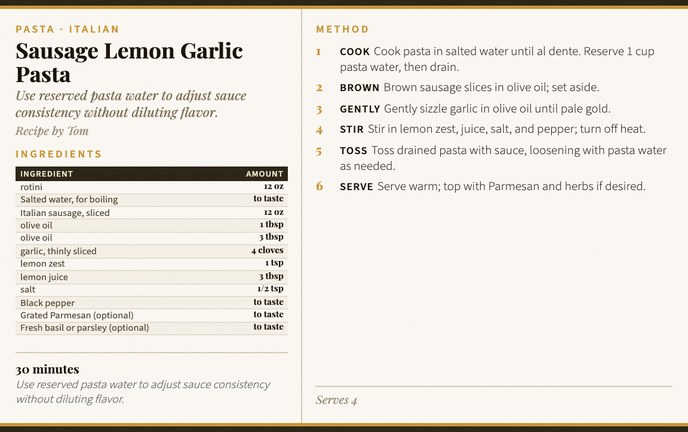 Sausage Lemon Garlic Pasta recipe card