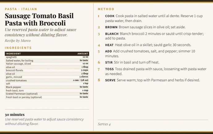 Sausage Tomato Basil Pasta with Broccoli recipe card