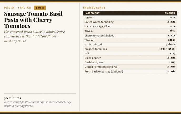 Sausage Tomato Basil Pasta with Cherry Tomatoes recipe card