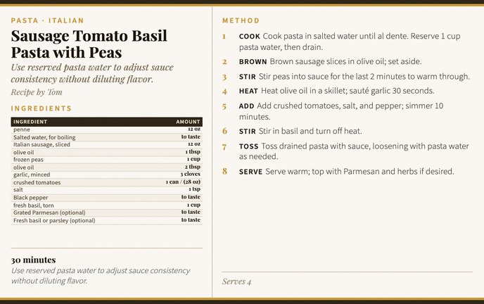 Sausage Tomato Basil Pasta with Peas recipe card