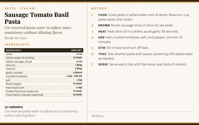 Sausage Tomato Basil Pasta recipe card