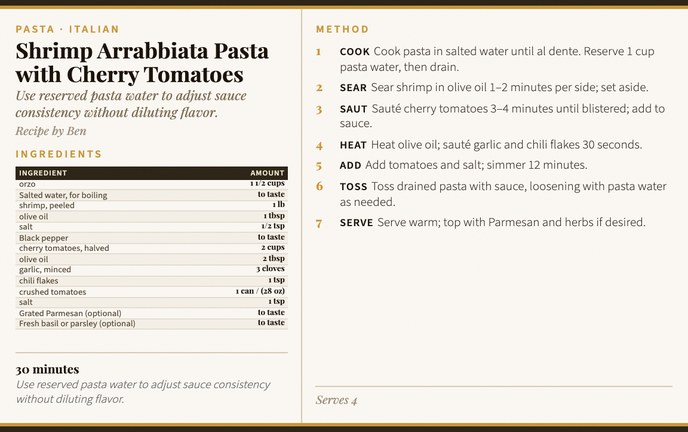 Shrimp Arrabbiata Pasta with Cherry Tomatoes recipe card