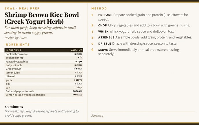 Shrimp Brown Rice Bowl (Greek Yogurt Herb) recipe card