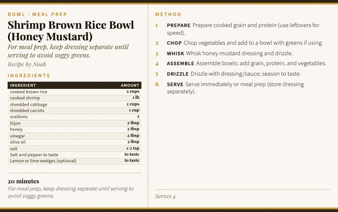Shrimp Brown Rice Bowl (Honey Mustard) recipe card