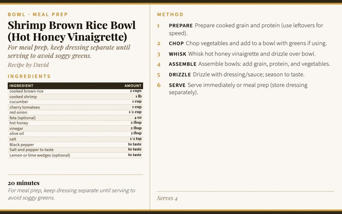 Shrimp Brown Rice Bowl (Hot Honey Vinaigrette) recipe card