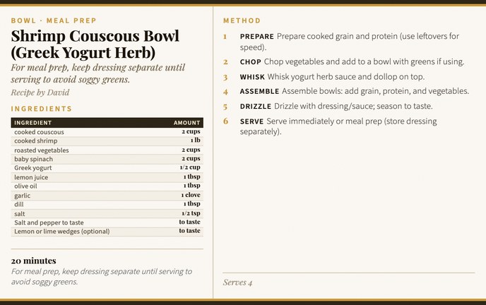 Shrimp Couscous Bowl (Greek Yogurt Herb) recipe card