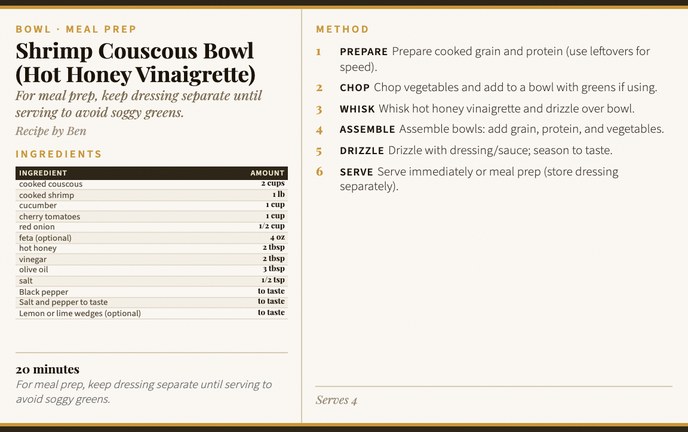 Shrimp Couscous Bowl (Hot Honey Vinaigrette) recipe card