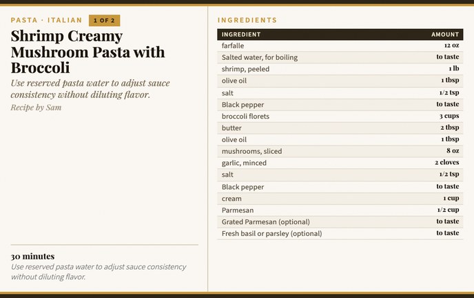Shrimp Creamy Mushroom Pasta with Broccoli recipe card