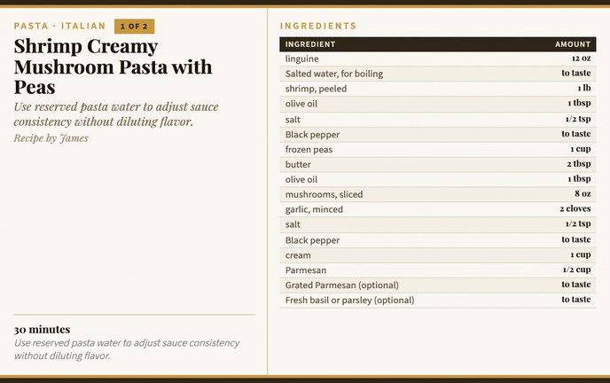 Shrimp Creamy Mushroom Pasta with Peas recipe card