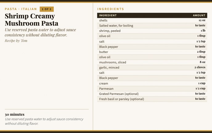 Shrimp Creamy Mushroom Pasta recipe card