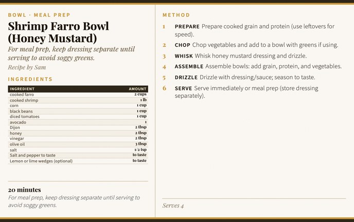 Shrimp Farro Bowl (Honey Mustard) recipe card