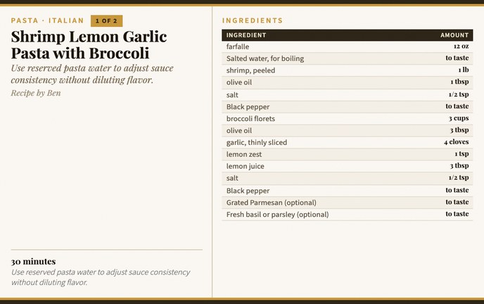 Shrimp Lemon Garlic Pasta with Broccoli recipe card