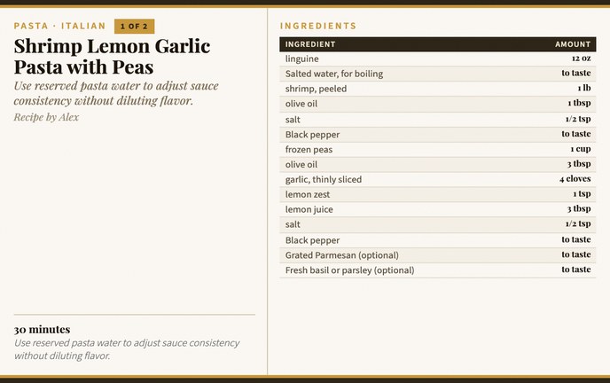 Shrimp Lemon Garlic Pasta with Peas recipe card