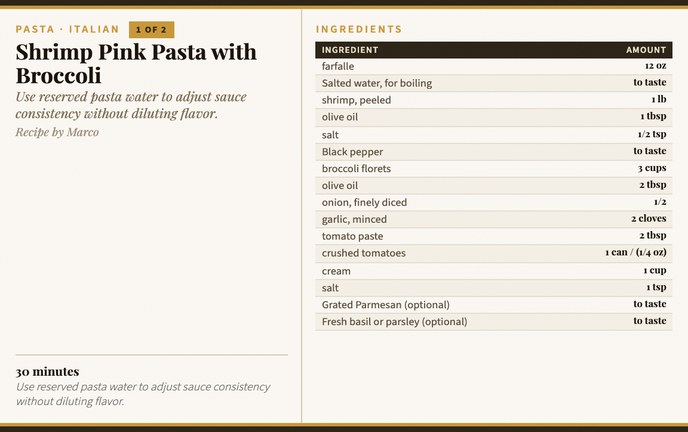 Shrimp Pink Pasta with Broccoli recipe card