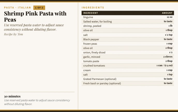 Shrimp Pink Pasta with Peas recipe card