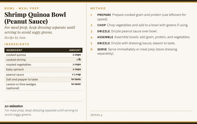 Shrimp Quinoa Bowl (Peanut Sauce) recipe card