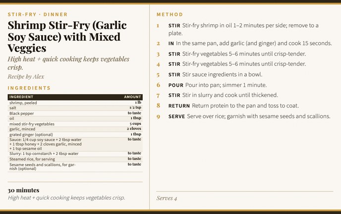 Shrimp Stir-Fry (Garlic Soy Sauce) with Mixed Veggies recipe card
