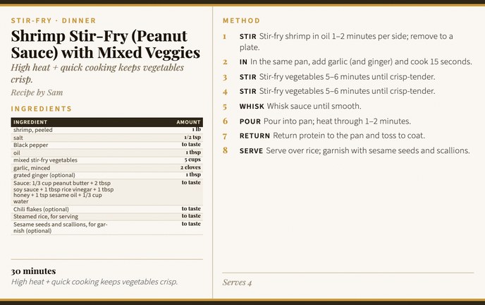 Shrimp Stir-Fry (Peanut Sauce) with Mixed Veggies recipe card