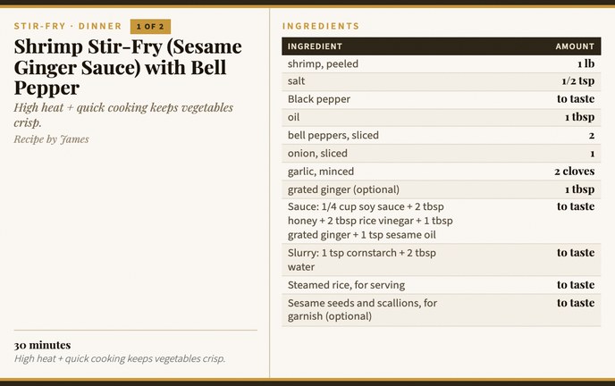 Shrimp Stir-Fry (Sesame Ginger Sauce) with Bell Pepper recipe card