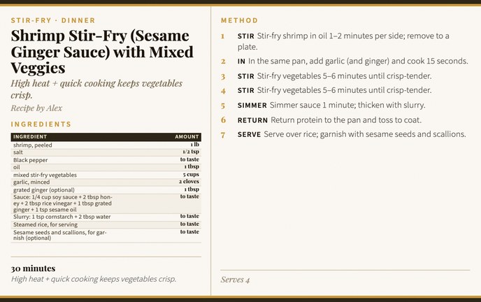 Shrimp Stir-Fry (Sesame Ginger Sauce) with Mixed Veggies recipe card