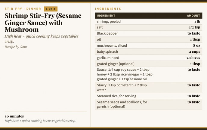 Shrimp Stir-Fry (Sesame Ginger Sauce) with Mushroom recipe card