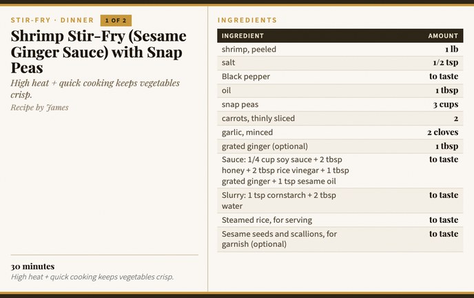 Shrimp Stir-Fry (Sesame Ginger Sauce) with Snap Peas recipe card