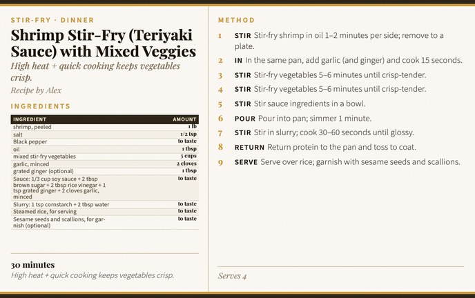 Shrimp Stir-Fry (Teriyaki Sauce) with Mixed Veggies recipe card