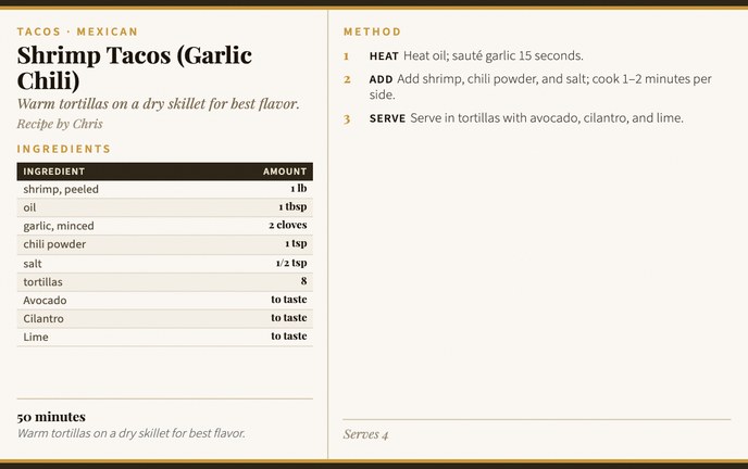 Shrimp Tacos (Garlic Chili) recipe card